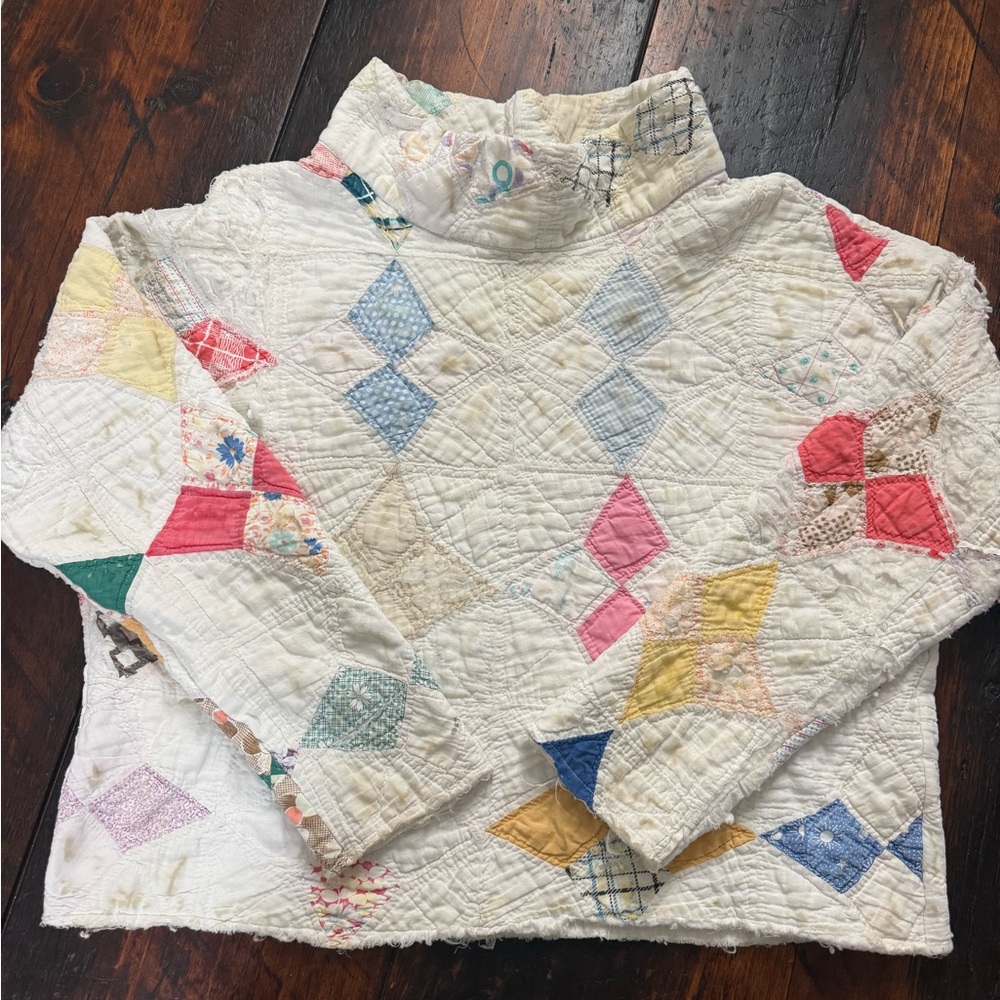 Quilted Patchwork High-Neck Women’s Top - White with Multi Color Accents